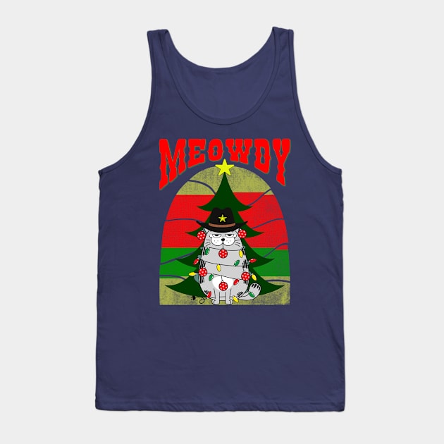 Meowdy, Festive cat with Christmas lights and ornaments Tank Top by Blended Designs
